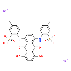 ChemSpider 2D Image | Benzenesulfonate, 2-[[9,10-dihydro-5,8-dihydroxy-4-[(4-methyl-2-sulfophenyl)amino]-9,10-dioxo-1-anthracenyl]amino]-5-methyl-, sodium salt (1:2) | C28H21N2Na2O10S2