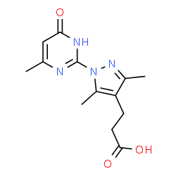 ChemSpider 2D Image | 3-[3,5-Dimethyl-1-(4-methyl-6-oxo-1,6-dihydro-2-pyrimidinyl)-1H-pyrazol-4-yl]propanoic acid | C13H16N4O3