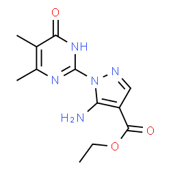 ChemSpider 2D Image | Ethyl 5-amino-1-(4,5-dimethyl-6-oxo-1,6-dihydro-2-pyrimidinyl)-1H-pyrazole-4-carboxylate | C12H15N5O3