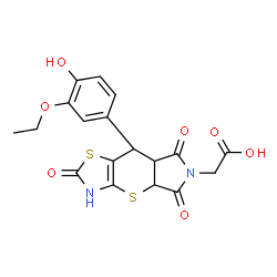 ChemSpider 2D Image | [8-(3-Ethoxy-4-hydroxyphenyl)-2,5,7-trioxo-3,4a,5,7,7a,8-hexahydropyrrolo[3',4':5,6]thiopyrano[2,3-d][1,3]thiazol-6(2H)-yl]acetic acid | C18H16N2O7S2