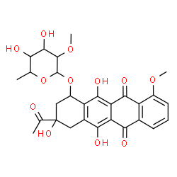 ChemSpider 2D Image | 3-Acetyl-3,5,12-trihydroxy-10-methoxy-6,11-dioxo-1,2,3,4,6,11-hexahydro-1-tetracenyl 6-deoxy-2-O-methylhexopyranoside | C28H30O12