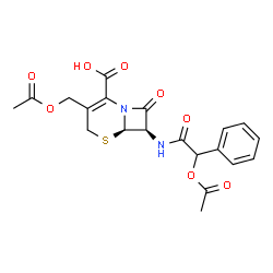 ChemSpider 2D Image | (6R,7R)-3-(Acetoxymethyl)-7-{[acetoxy(phenyl)acetyl]amino}-8-oxo-5-thia-1-azabicyclo[4.2.0]oct-2-ene-2-carboxylic acid | C20H20N2O8S