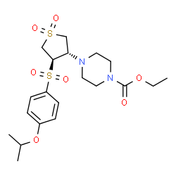 ChemSpider 2D Image | Ethyl 4-{(3S,4R)-4-[(4-isopropoxyphenyl)sulfonyl]-1,1-dioxidotetrahydro-3-thiophenyl}-1-piperazinecarboxylate | C20H30N2O7S2