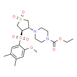 ChemSpider 2D Image | Ethyl 4-{(3S,4R)-4-[(2-methoxy-4,5-dimethylphenyl)sulfonyl]-1,1-dioxidotetrahydro-3-thiophenyl}-1-piperazinecarboxylate | C20H30N2O7S2