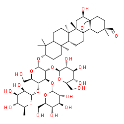 ChemSpider 2D Image | (3beta,5xi,13xi,16alpha,17xi,18alpha)-16-Hydroxy-29-oxo-13,28-epoxyoleanan-3-yl 6-deoxy-alpha-L-mannopyranosyl-(1->4)-[alpha-D-glucopyranosyl-(1->3)]-[beta-D-glucopyranosyl-(1->2)]-alpha-D-glucopyrano
side | C54H88O23