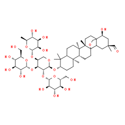 ChemSpider 2D Image | (3beta,5xi,13xi,17xi,18xi,22alpha)-22-Hydroxy-29-oxo-13,28-epoxyoleanan-3-yl 6-deoxy-alpha-L-mannopyranosyl-(1->4)-[alpha-D-glucopyranosyl-(1->3)]-[beta-D-glucopyranosyl-(1->2)]-alpha-L-arabinopyranos
ide | C53H86O22