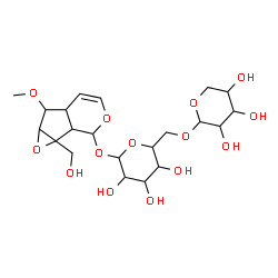ChemSpider 2D Image | 1a-(Hydroxymethyl)-6-methoxy-1a,1b,2,5a,6,6a-hexahydrooxireno[4,5]cyclopenta[1,2-c]pyran-2-yl 6-O-pentopyranosylhexopyranoside | C21H32O14