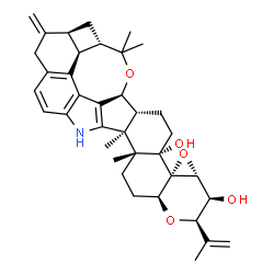 ChemSpider 2D Image | (2R,3S,3aR,4aS,4bS,6aR,7S,7dS,8S,9aS,14bS,14cR,16aS)-2-Isopropenyl-14b,14c,17,17-tetramethyl-10-methylene-3,3a,5,6,6a,7,7d,8,9,9a,10,11,14,14b,14c,15,16,16a-octadecahydro-2H,4bH-7,8-(epoxymethano)cycl
obuta[5,6]benzo[1,2-e]oxireno[4',4a']chromeno[5',6':6,7]indeno[1,2-b]indole-3,4b-diol | C37H45NO5