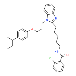 ChemSpider 2D Image | N-(5-{1-[3-(4-sec-Butylphenoxy)propyl]-1H-benzimidazol-2-yl}pentyl)-2-chlorobenzamide | C32H38ClN3O2