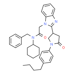 ChemSpider 2D Image | N-Benzyl-2-{2-[1-(4-butylphenyl)-5-oxo-3-pyrrolidinyl]-1H-benzimidazol-1-yl}-N-cyclohexylacetamide | C36H42N4O2