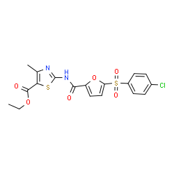 ChemSpider 2D Image | Ethyl 2-({5-[(4-chlorophenyl)sulfonyl]-2-furoyl}amino)-4-methyl-1,3-thiazole-5-carboxylate | C18H15ClN2O6S2