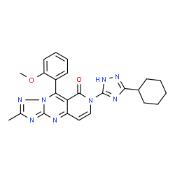 ChemSpider 2D Image | 7-(3-Cyclohexyl-1H-1,2,4-triazol-5-yl)-9-(2-methoxyphenyl)-2-methylpyrido[4,3-d][1,2,4]triazolo[1,5-a]pyrimidin-8(7H)-one | C24H24N8O2