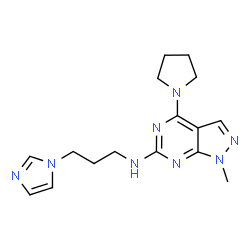 ChemSpider 2D Image | N-[3-(1H-Imidazol-1-yl)propyl]-1-methyl-4-(1-pyrrolidinyl)-1H-pyrazolo[3,4-d]pyrimidin-6-amine | C16H22N8