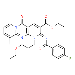 ChemSpider 2D Image | Ethyl (2Z)-1-(3-ethoxypropyl)-2-[(4-fluorobenzoyl)imino]-10-methyl-5-oxo-1,5-dihydro-2H-dipyrido[1,2-a:2',3'-d]pyrimidine-3-carboxylate | C27H27FN4O5