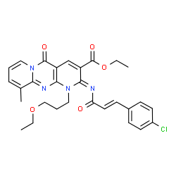 ChemSpider 2D Image | Ethyl (2Z)-2-{[(2E)-3-(4-chlorophenyl)-2-propenoyl]imino}-1-(3-ethoxypropyl)-10-methyl-5-oxo-1,5-dihydro-2H-dipyrido[1,2-a:2',3'-d]pyrimidine-3-carboxylate | C29H29ClN4O5