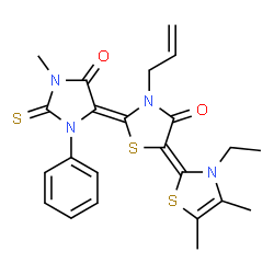 ChemSpider 2D Image | (2Z,5Z)-3-Allyl-5-(3-ethyl-4,5-dimethyl-1,3-thiazol-2(3H)-ylidene)-2-(1-methyl-5-oxo-3-phenyl-2-thioxo-4-imidazolidinylidene)-1,3-thiazolidin-4-one | C23H24N4O2S3