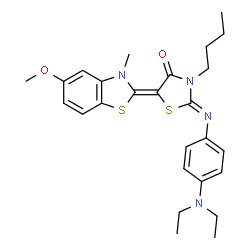ChemSpider 2D Image | (2Z,5Z)-3-Butyl-2-{[4-(diethylamino)phenyl]imino}-5-(5-methoxy-3-methyl-1,3-benzothiazol-2(3H)-ylidene)-1,3-thiazolidin-4-one | C26H32N4O2S2