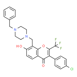 ChemSpider 2D Image | 8-[(4-Benzyl-1-piperazinyl)methyl]-3-(4-chlorophenyl)-7-hydroxy-2-(trifluoromethyl)-4H-chromen-4-one | C28H24ClF3N2O3