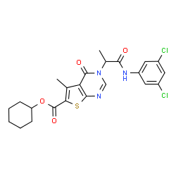 ChemSpider 2D Image | Cyclohexyl 3-{1-[(3,5-dichlorophenyl)amino]-1-oxo-2-propanyl}-5-methyl-4-oxo-3,4-dihydrothieno[2,3-d]pyrimidine-6-carboxylate | C23H23Cl2N3O4S