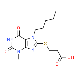 ChemSpider 2D Image | 3-[(3-Methyl-2,6-dioxo-7-pentyl-2,3,6,7-tetrahydro-1H-purin-8-yl)sulfanyl]propanoic acid | C14H20N4O4S