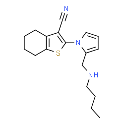 ChemSpider 2D Image | 2-{2-[(Butylamino)methyl]-1H-pyrrol-1-yl}-4,5,6,7-tetrahydro-1-benzothiophene-3-carbonitrile | C18H23N3S