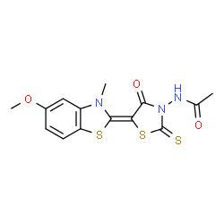 ChemSpider 2D Image | N-[(5Z)-5-(5-Methoxy-3-methyl-1,3-benzothiazol-2(3H)-ylidene)-4-oxo-2-thioxo-1,3-thiazolidin-3-yl]acetamide | C14H13N3O3S3