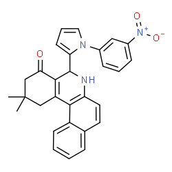 ChemSpider 2D Image | 2,2-Dimethyl-5-[1-(3-nitrophenyl)-1H-pyrrol-2-yl]-2,3,5,6-tetrahydrobenzo[a]phenanthridin-4(1H)-one | C29H25N3O3