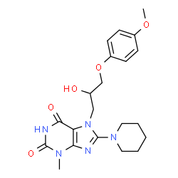 ChemSpider 2D Image | 7-[2-Hydroxy-3-(4-methoxyphenoxy)propyl]-3-methyl-8-(1-piperidinyl)-3,7-dihydro-1H-purine-2,6-dione | C21H27N5O5