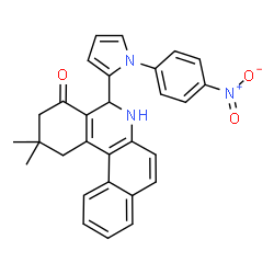 ChemSpider 2D Image | 2,2-dimethyl-5-[1-(4-nitrophenyl)pyrrol-2-yl]-1H,3H,5H,6H-benzo[a]phenanthridin-4-one | C29H25N3O3