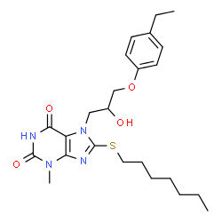 ChemSpider 2D Image | 7-[3-(4-Ethylphenoxy)-2-hydroxypropyl]-8-(heptylsulfanyl)-3-methyl-3,7-dihydro-1H-purine-2,6-dione | C24H34N4O4S