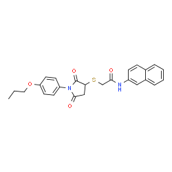 ChemSpider 2D Image | 2-{[2,5-Dioxo-1-(4-propoxyphenyl)-3-pyrrolidinyl]sulfanyl}-N-(2-naphthyl)acetamide | C25H24N2O4S