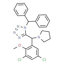 ChemSpider 2D Image | 5-[(3,5-Dichloro-2-methoxyphenyl)(1-pyrrolidinyl)methyl]-1-(diphenylmethyl)-1H-tetrazole | C26H25Cl2N5O