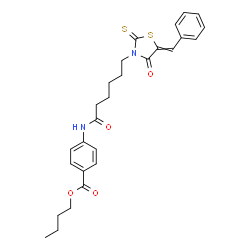 ChemSpider 2D Image | Butyl 4-{[6-(5-benzylidene-4-oxo-2-thioxo-1,3-thiazolidin-3-yl)hexanoyl]amino}benzoate | C27H30N2O4S2