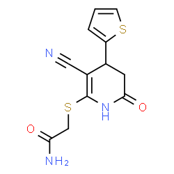 ChemSpider 2D Image | 2-{[3-Cyano-6-oxo-4-(2-thienyl)-1,4,5,6-tetrahydro-2-pyridinyl]sulfanyl}acetamide | C12H11N3O2S2