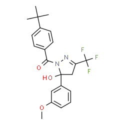 ChemSpider 2D Image | [5-Hydroxy-5-(3-methoxyphenyl)-3-(trifluoromethyl)-4,5-dihydro-1H-pyrazol-1-yl][4-(2-methyl-2-propanyl)phenyl]methanone | C22H23F3N2O3