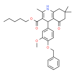 ChemSpider 2D Image | Pentyl 4-[4-(benzyloxy)-3-methoxyphenyl]-2,7,7-trimethyl-5-oxo-1,4,5,6,7,8-hexahydro-3-quinolinecarboxylate | C32H39NO5