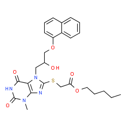 ChemSpider 2D Image | Pentyl ({7-[2-hydroxy-3-(1-naphthyloxy)propyl]-3-methyl-2,6-dioxo-2,3,6,7-tetrahydro-1H-purin-8-yl}sulfanyl)acetate | C26H30N4O6S