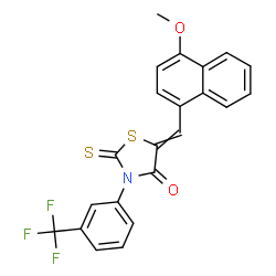 ChemSpider 2D Image | 5-[(4-Methoxy-1-naphthyl)methylene]-2-thioxo-3-[3-(trifluoromethyl)phenyl]-1,3-thiazolidin-4-one | C22H14F3NO2S2