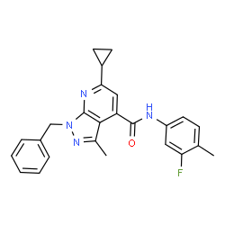 ChemSpider 2D Image | 1-Benzyl-6-cyclopropyl-N-(3-fluoro-4-methylphenyl)-3-methyl-1H-pyrazolo[3,4-b]pyridine-4-carboxamide | C25H23FN4O