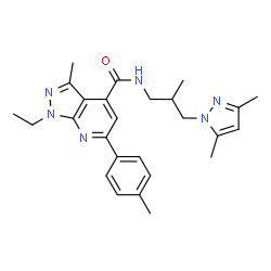 ChemSpider 2D Image | N-[3-(3,5-Dimethyl-1H-pyrazol-1-yl)-2-methylpropyl]-1-ethyl-3-methyl-6-(4-methylphenyl)-1H-pyrazolo[3,4-b]pyridine-4-carboxamide | C26H32N6O
