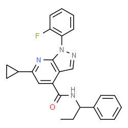 ChemSpider 2D Image | 6-Cyclopropyl-1-(2-fluorophenyl)-N-(1-phenylpropyl)-1H-pyrazolo[3,4-b]pyridine-4-carboxamide | C25H23FN4O