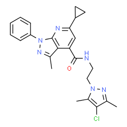 ChemSpider 2D Image | N-[2-(4-Chloro-3,5-dimethyl-1H-pyrazol-1-yl)ethyl]-6-cyclopropyl-3-methyl-1-phenyl-1H-pyrazolo[3,4-b]pyridine-4-carboxamide | C24H25ClN6O