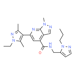 ChemSpider 2D Image | 6-(1-Ethyl-3,5-dimethyl-1H-pyrazol-4-yl)-1-methyl-N-[(1-propyl-1H-pyrazol-5-yl)methyl]-1H-pyrazolo[3,4-b]pyridine-4-carboxamide | C22H28N8O