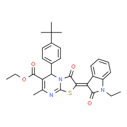ChemSpider 2D Image | ethyl (2Z)-5-(4-tert-butylphenyl)-2-(1-ethyl-2-oxo-1,2-dihydro-3H-indol-3-ylidene)-7-methyl-3-oxo-2,3-dihydro-5H-[1,3]thiazolo[3,2-a]pyrimidine-6-carboxylate | C30H31N3O4S