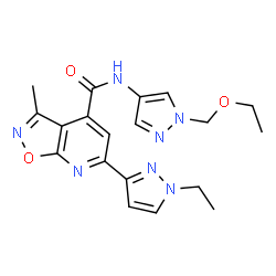 ChemSpider 2D Image | N-[1-(Ethoxymethyl)-1H-pyrazol-4-yl]-6-(1-ethyl-1H-pyrazol-3-yl)-3-methyl[1,2]oxazolo[5,4-b]pyridine-4-carboxamide | C19H21N7O3