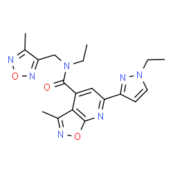 ChemSpider 2D Image | N-Ethyl-6-(1-ethyl-1H-pyrazol-3-yl)-3-methyl-N-[(4-methyl-1,2,5-oxadiazol-3-yl)methyl][1,2]oxazolo[5,4-b]pyridine-4-carboxamide | C19H21N7O3