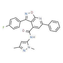 ChemSpider 2D Image | N-(1,3-Dimethyl-1H-pyrazol-5-yl)-3-(4-fluorophenyl)-6-phenyl[1,2]oxazolo[5,4-b]pyridine-4-carboxamide | C24H18FN5O2