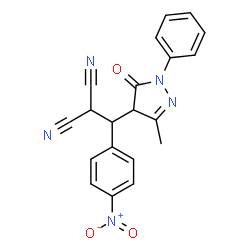 ChemSpider 2D Image | [(3-Methyl-5-oxo-1-phenyl-4,5-dihydro-1H-pyrazol-4-yl)(4-nitrophenyl)methyl]malononitrile | C20H15N5O3