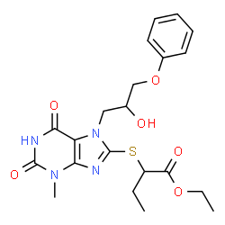 ChemSpider 2D Image | Ethyl 2-{[7-(2-hydroxy-3-phenoxypropyl)-3-methyl-2,6-dioxo-2,3,6,7-tetrahydro-1H-purin-8-yl]sulfanyl}butanoate | C21H26N4O6S
