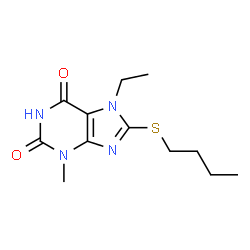 ChemSpider 2D Image | 8-(Butylsulfanyl)-7-ethyl-3-methyl-3,7-dihydro-1H-purine-2,6-dione | C12H18N4O2S